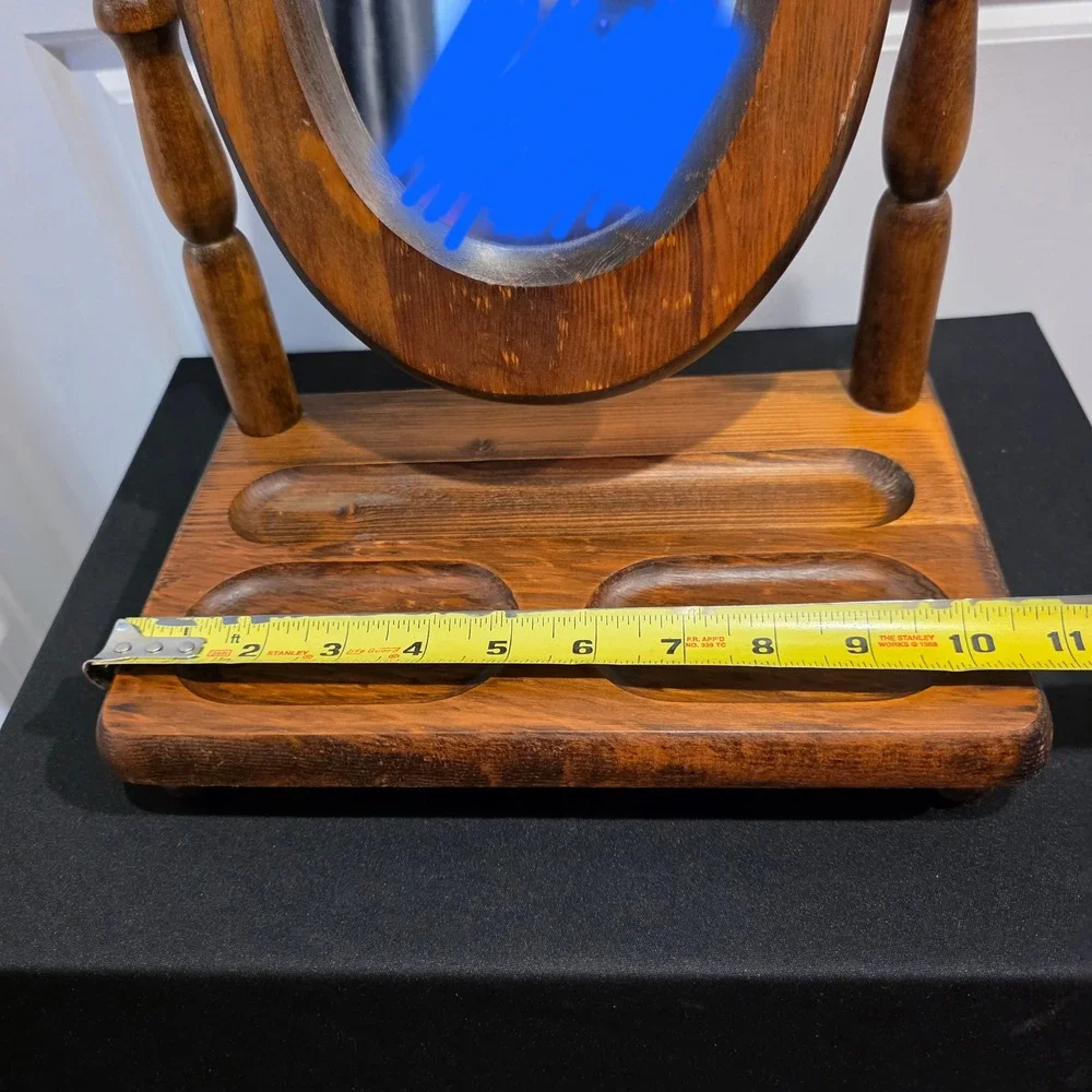 Vintage Wood Oval Vanity Mirror with Jewelry Valet Tray, Tabletop Trinket Holder